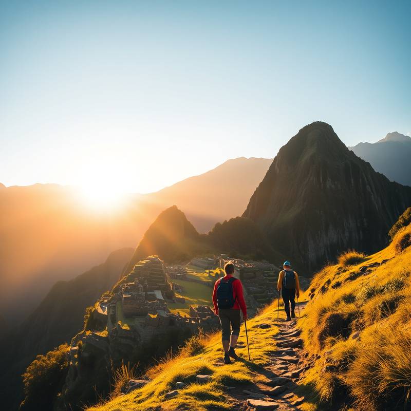 Imagen de personas caminando por el Camino Inca hacia Machu Picchu, Perú